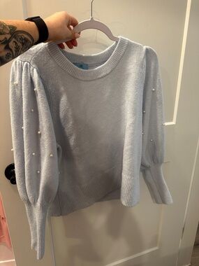 CeCe Powder Blue Pearl-Embellished Puff Sleeve Sweater